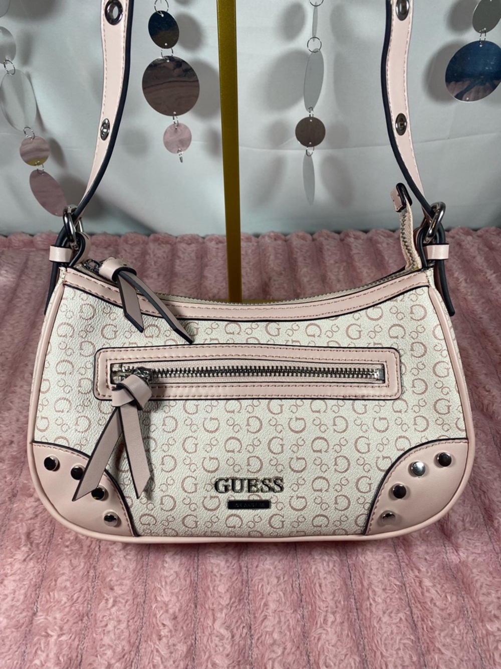 GUESS Pink and Cream Monogram Shoulder Bag